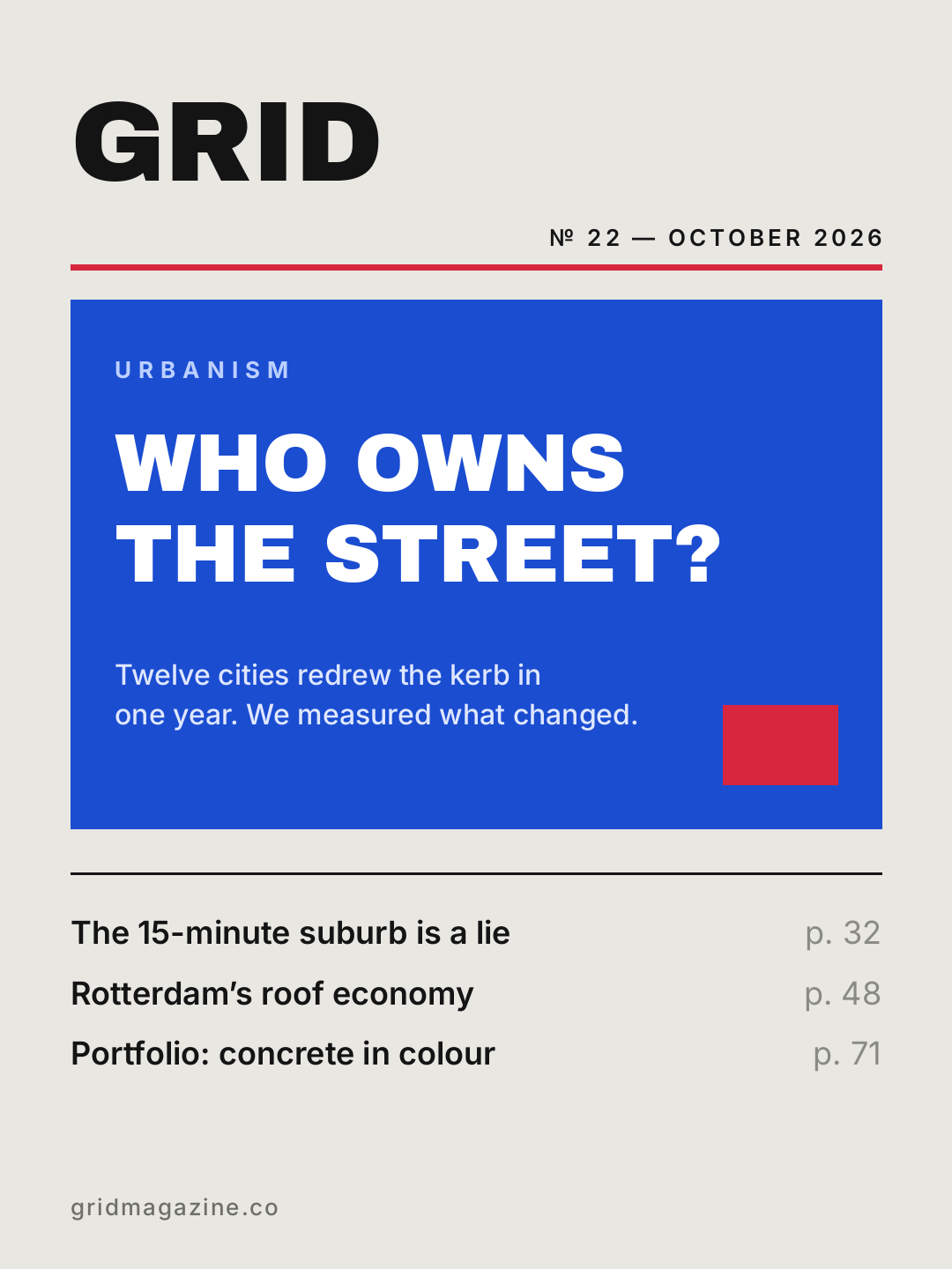 Swiss-style magazine cover with a blue colour field and a heavy sans headline