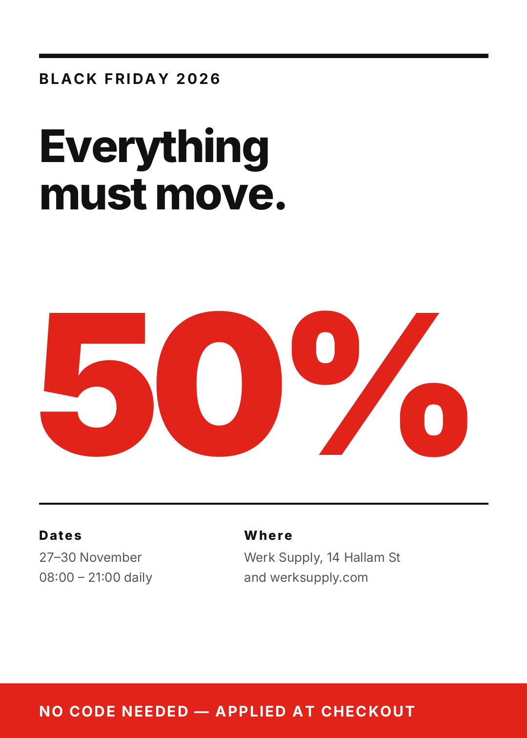 White Black Friday poster with a giant red 50% numeral and left-aligned Helvetica-style type