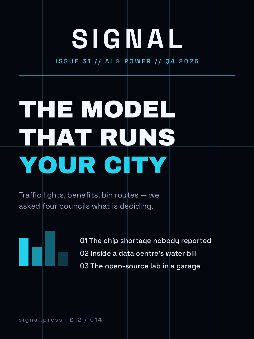 Dark technology magazine cover with cyan accents and a faint background grid