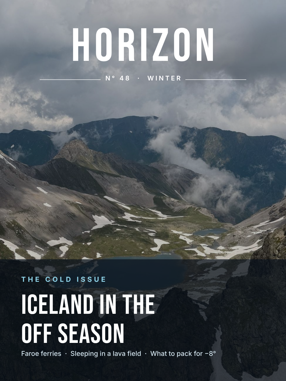Travel magazine cover with a condensed masthead over a mountain landscape