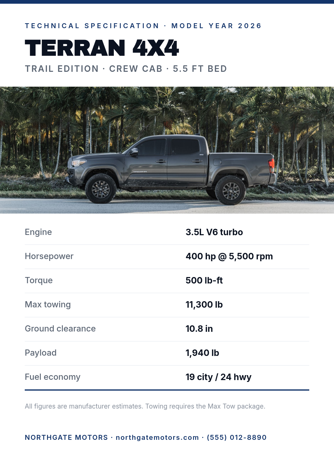 Technical specification sheet for a pickup truck with a photo and a seven-row spec table