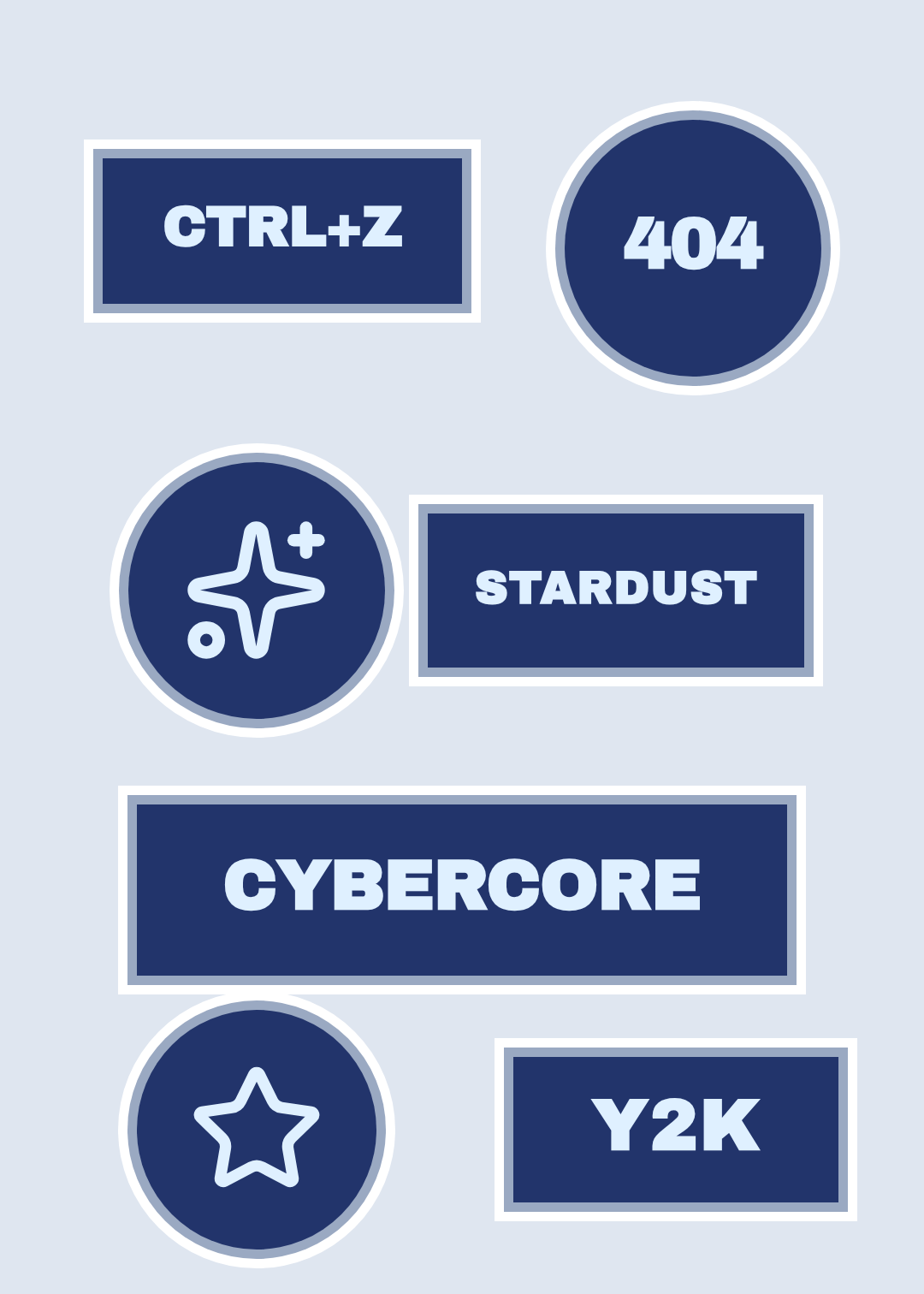 Pale blue-grey sticker sheet with deep navy stickers ringed in silver and white: CTRL+Z, 404, a sparkle, STARDUST, CYBERCORE, a star and Y2K in heavy capitals